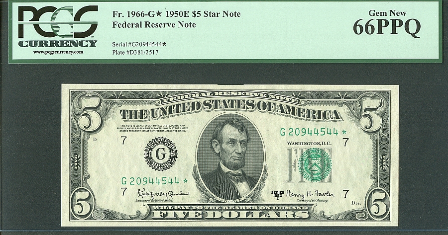 Fr.1966-G*, 1950E $5 Chicago Star Note, GemCU, PCGS66-PPQ